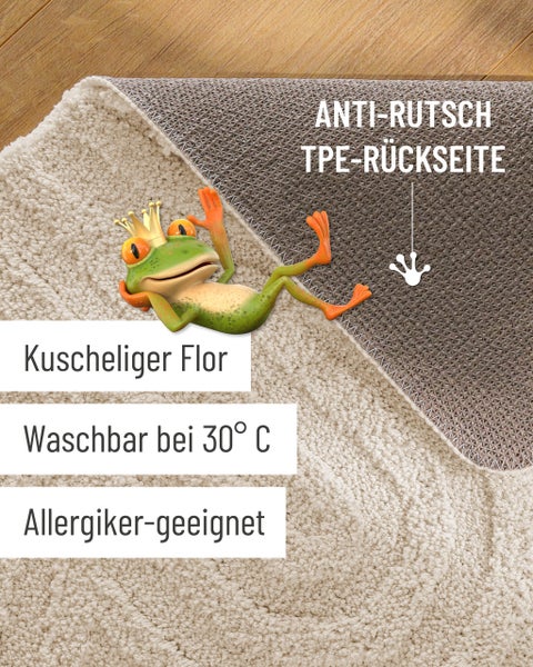 Maschinengetuftete Badematte mit Wellenstruktur, robust, pflegeleicht und von geprüfter Qualität.