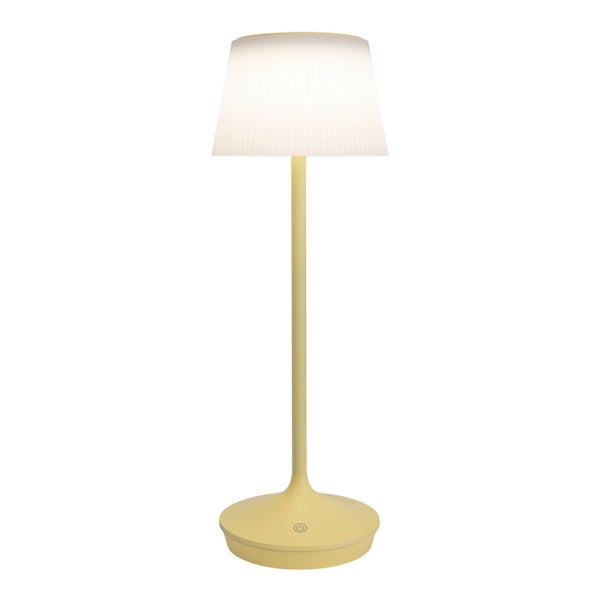 Solar-Akkutischleuchte EMMI  38 cm hoch, Schirm Ø 13 cm, Metall in Gelb und weißer Kunststoff, für den Außenbereich, dimmbar CCT.