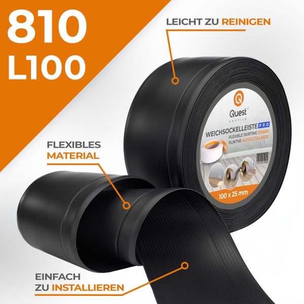 Quest Weichsockelleiste, Breite Sockelleiste 100 x 25 mm, PVC Sockelleiste, Flexibel, Schwarz, 1 Meter
