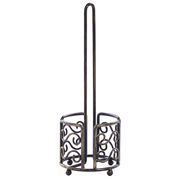 Freistehender Toilettenpapierhalter aus Metall mit dekorativem Sockel in Antik-Optik.