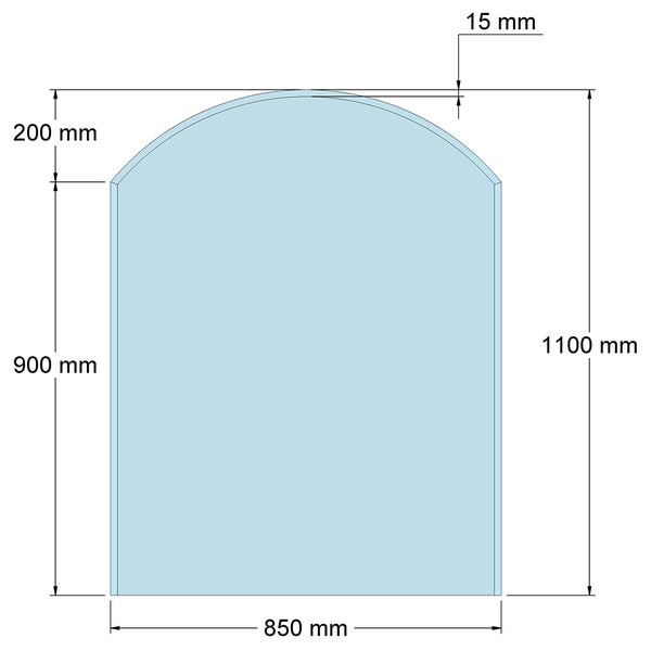 Technische Zeichnung einer bogenförmigen Glasplatte mit den Maßen 1100 Millimeter Höhe, 850 Millimeter Breite und 15 Millimeter Stärke.