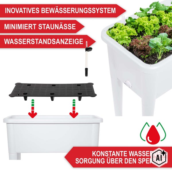 Hochbeet mit integriertem Bewässerungssystem, Wasserstandsanzeige und Wasserspeicher zur konstanten Bewässerung der Pflanzen.