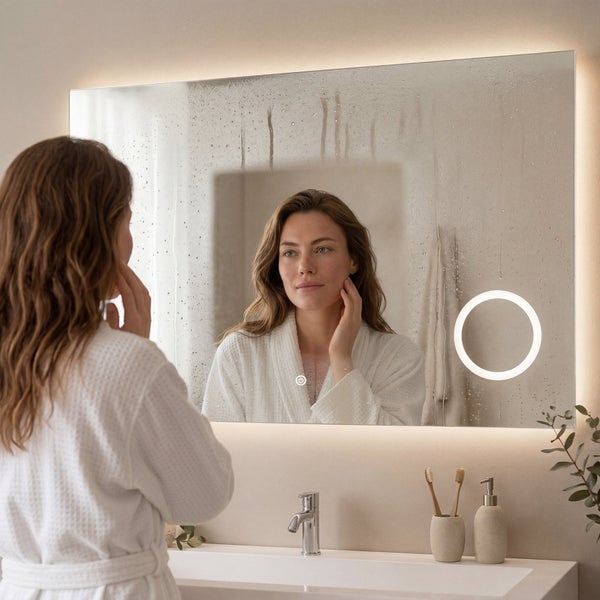 Beleuchteter Badezimmerspiegel mit integrierter Kosmetikspiegelfläche und Touch Schalter über einem Waschbecken mit Armatur.