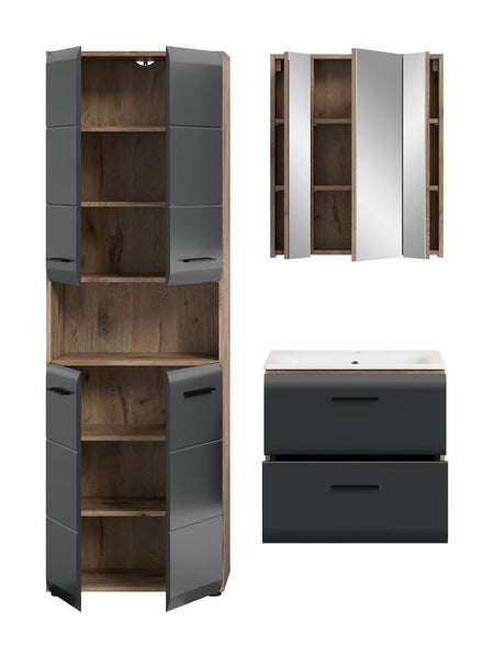 Badezimmermöbel-Set in Holzoptik und Anthrazit bestehend aus Hochschrank, Waschbeckenunterschrank mit Waschbecken und Spiegelschrank.