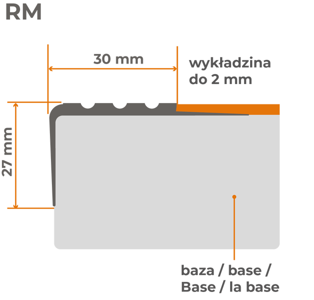 Diagramm der Sockelleistenabmessungen: 27 mm Höhe, 30 mm Breite, bis zu 2 mm Belagstärke