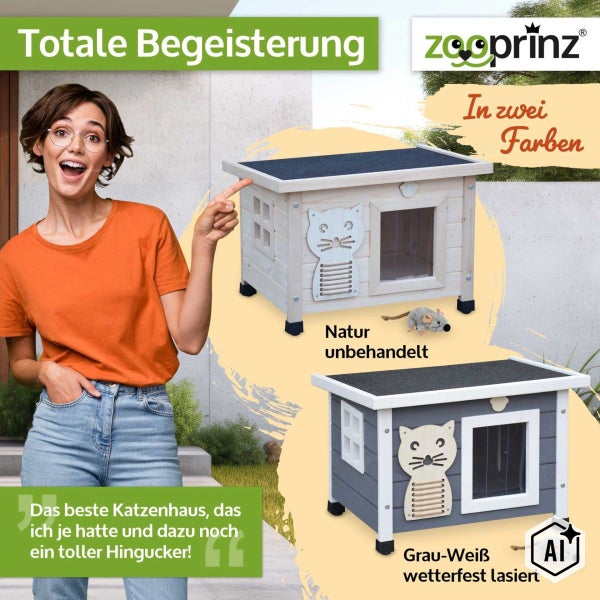 Eine Frau zeigt auf zwei Katzenhäuser aus Holz in verschiedenen Ausführungen mit Katzendekor und Wetterschutzklappe von Zooprinz.
