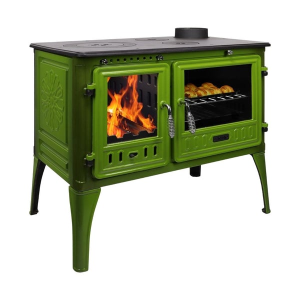 Grüner, emaillierter Küchenherd mit Holzfeuerung, Backofen und Kochplatte.