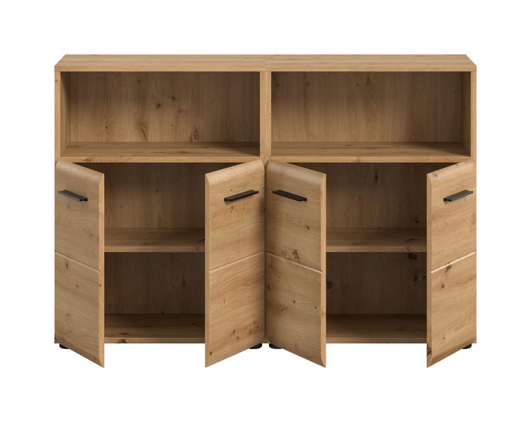 Sideboard in Eiche Optik mit vier geöffneten Türen, zwei offenen Fächern und dunklen Griffen.