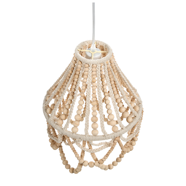 Hängelampe mit Holzperlen und Seilaufhängung