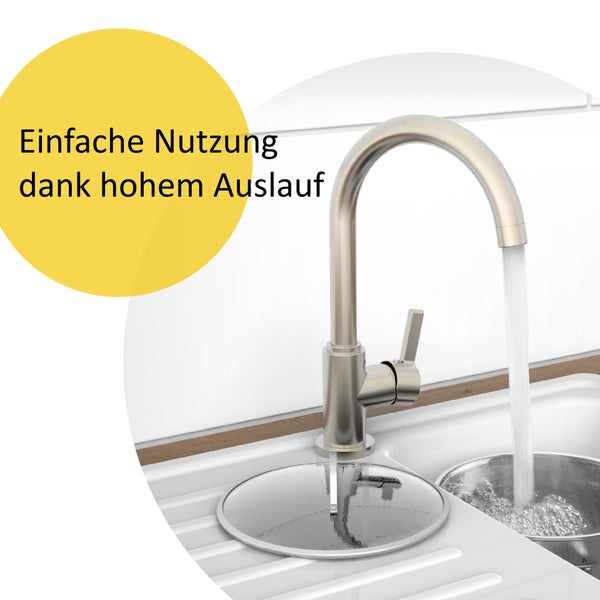 instmaier Küchenarmatur K3 | 360° schwenkbar | Wasserhahn Küche | Spültischarmatur Edelstahlfarben | Hoher Auslauf | mit Zentralverschraubung