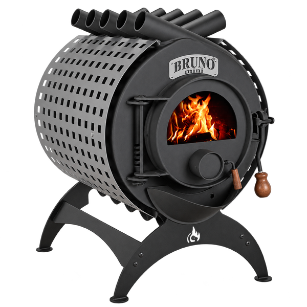 Bruno Mini Konvektionsofen aus Stahl mit brennendem Feuer hinter Sichtfenster