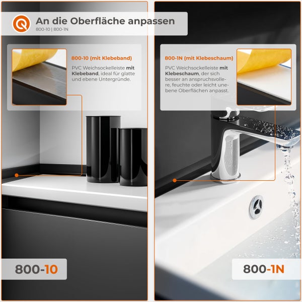 Produktvergleich der PVC Weichsockelleisten 800-10 mit Klebeband für glatte Untergründe und 800-1N mit Klebeschaum für unebene Oberflächen.