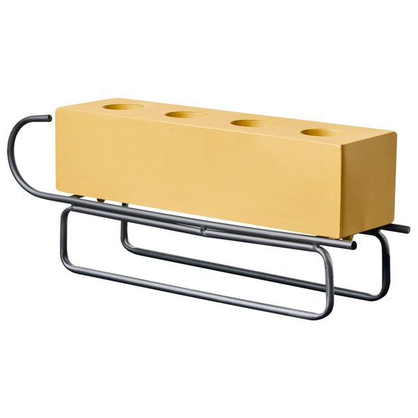 Pflanzgefäß aus Metall mit gelbem Einsatz mit vier Löchern