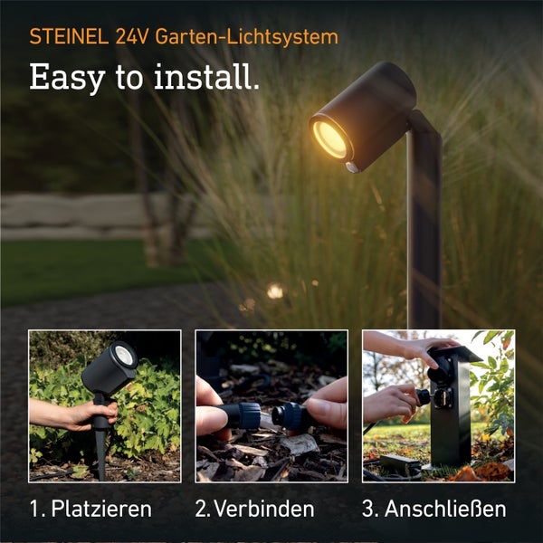 Infografik zur einfachen Installation des Steinel 24 Volt Gartenlichtsystems mit drei Schritten: Platzieren, Verbinden und Anschließen.