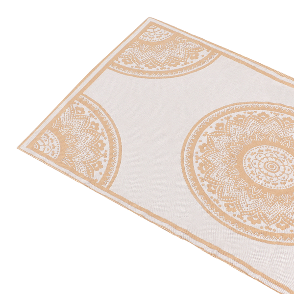 Flachgewebter Teppich mit kreisförmigen Mandala-Ornamenten und umlaufender Bordüre.