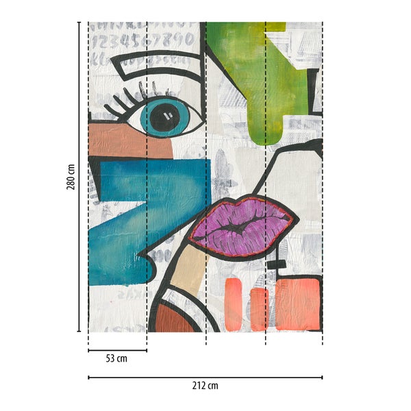 Abstrakte Vliesfototapete im Pop-Art-Stil mit einem Gesicht, Auge und Lippen, 212 mal 280 Zentimeter.