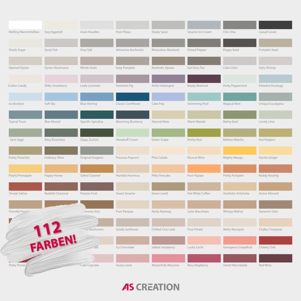 Farbkarte von AS Creation mit einer Übersicht von einhundertzwölf verschiedenen Wandfarben inklusive Farbbezeichnungen.