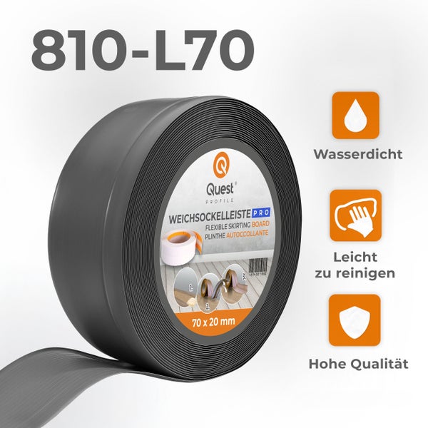 Eine Rolle Quest Profil Weichsockelleiste Pro zur Wandabdichtung mit Produktinformationen und Icons fuer Wasserdichtigkeit und Pflege.