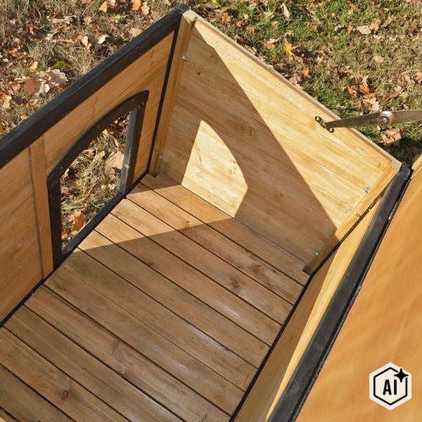 Innenansicht einer Hundehütte aus Holz mit Holzboden und Eingangsöffnung für den Garten.