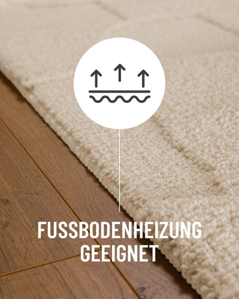 Teppichboden mit Hinweis zur Eignung für Fußbodenheizung.