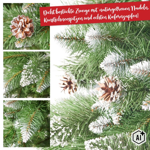 Künstlicher Weihnachtsbaum mit dicht bestückten Zweigen, naturgetreuen Nadeln, Kunstschneespitzen und echten Kiefernzapfen.