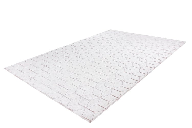 Weißer rechteckiger Teppich mit geometrischem Rautenmuster und weicher, strukturierter Oberfläche.