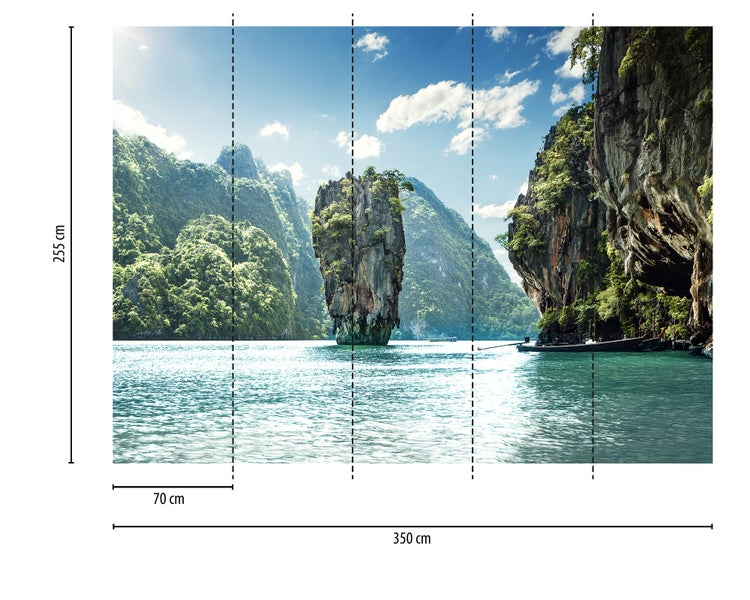 Fototapete mit thailändischer Insellandschaft, James Bond Island, 350 mal 255 Zentimeter, 5 Bahnen mit je 70 Zentimeter Breite.