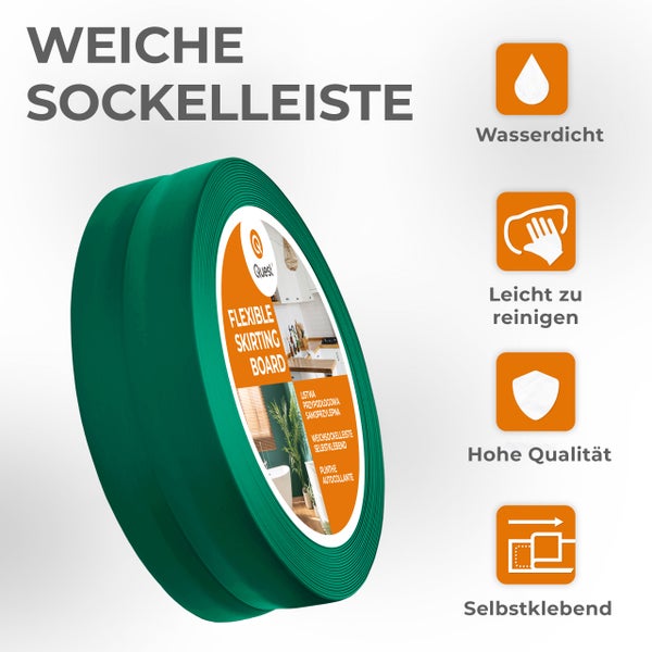 Eine Rolle flexible, selbstklebende Sockelleiste in einer modernen Ausführung mit Symbolen für wasserdicht, leicht zu reinigen, Qualität und Montage.