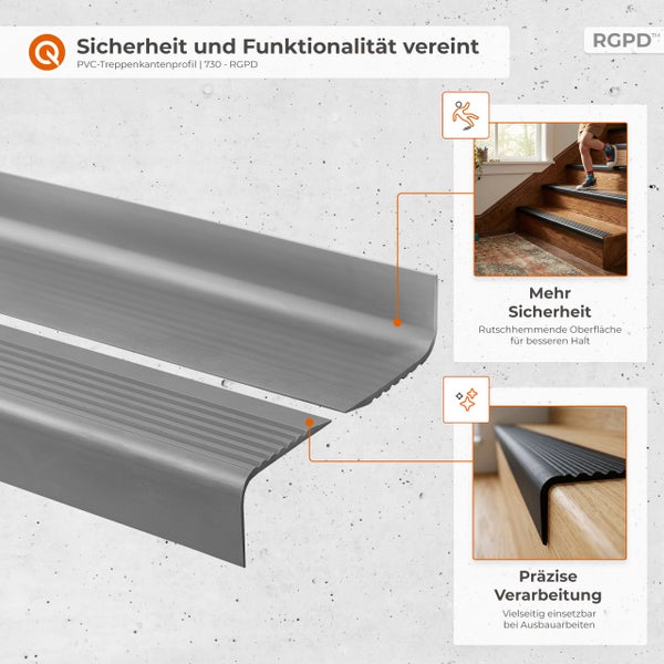 PVC-Treppenkantenprofil mit rutschhemmender Oberfläche. Montagebeispiel auf einer Holztreppe für Sicherheit und präzise Verarbeitung. RGPD Logo.