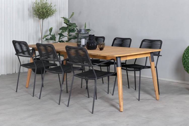 Julian Gartenset Tisch 100x210cm und 6 Stühle Armlehne Lindos schwarz, natur. 100 X 210 X 75 cm
