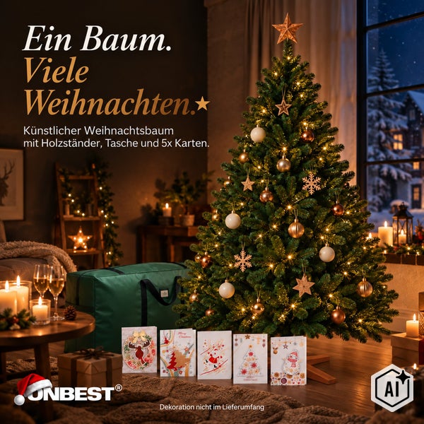 Künstlicher Weihnachtsbaum mit Holzständer, Aufbewahrungstasche und 5 Grußkarten in weihnachtlich geschmücktem Wohnzimmer.