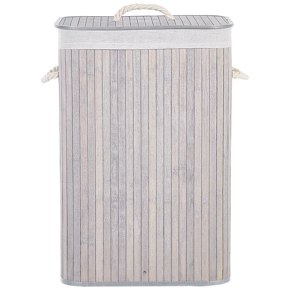 Rechteckiger Wäschekorb aus Holzlamellen mit Deckel und Seilgriffen.