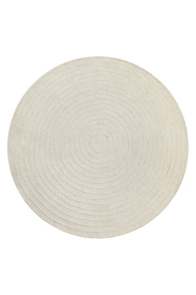 Runder Teppich aus Baumwolle mit konzentrischem Spiralmuster.