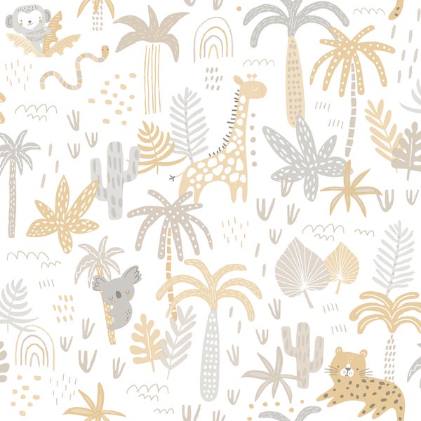 Sanders und Sanders Tapete Dschungeltiere Ockergelb, Grau und Beige - 53 cm x 10 m - 640450