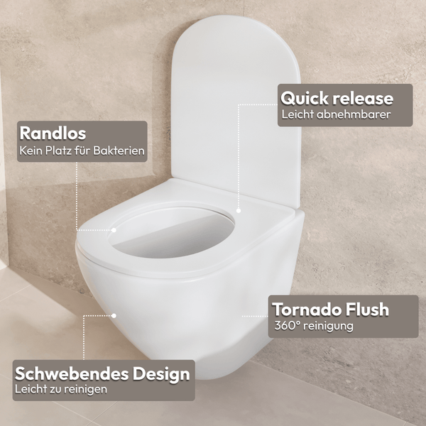Wandhänge WC mit spülrandloser Technik, abnehmbarem Deckel mit Schnellverschluss, Tornado Spülung und schwebendem Design zur einfachen Reinigung.