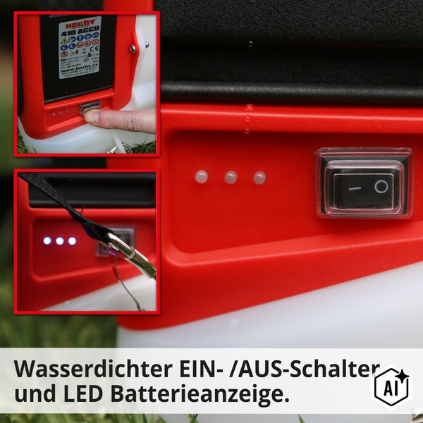 Wasserdichter Ein Aus Schalter und LED Batteriestandsanzeige an einem Hecht Sprühgerät.