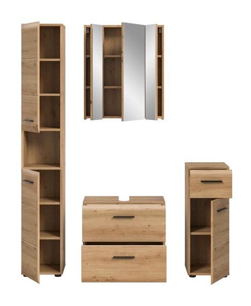 Mehrteiliges Badmöbel-Set in Eichenoptik mit Spiegelschrank, Waschtischunterschrank, Hochschrank und Unterschrank mit schwarzen Griffen.