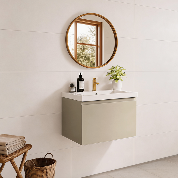 Modernes Badezimmer mit hängendem Waschtisch, rundem Spiegel, goldener Armatur und dekorativen Accessoires vor hellen Fliesen.