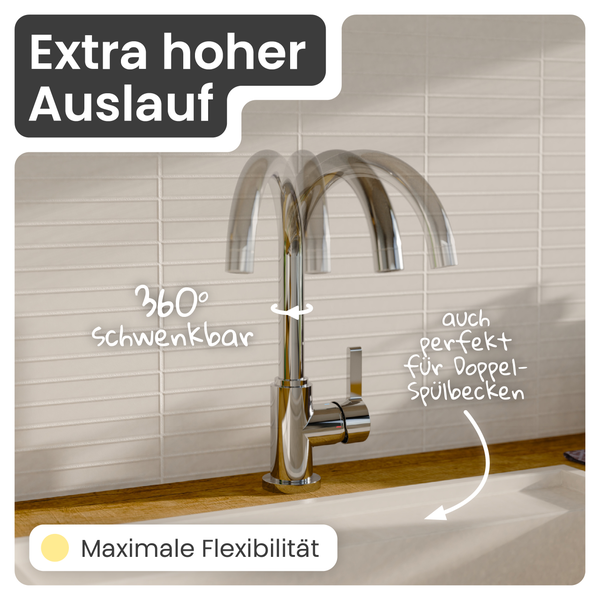 Küchenarmatur mit extra hohem, 360 Grad schwenkbarem Auslauf für maximale Flexibilität, auch für Doppelspülbecken geeignet.