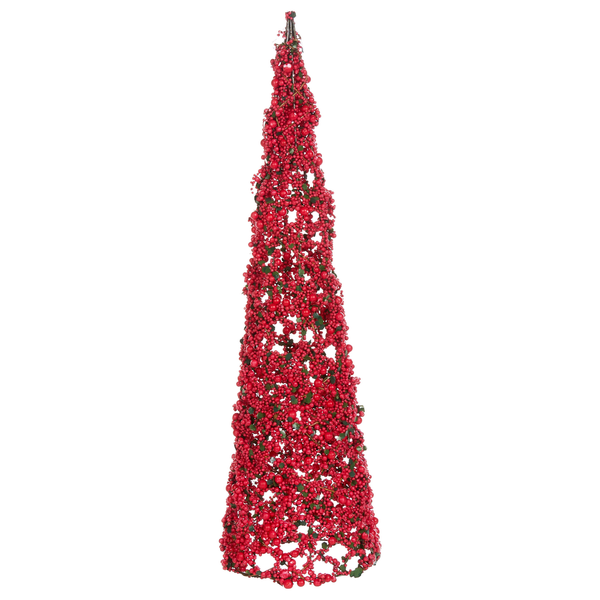 Konische Weihnachtsdekoration aus roten Kunstbeeren und kleinen grünen Blättern auf einem Drahtgestell.