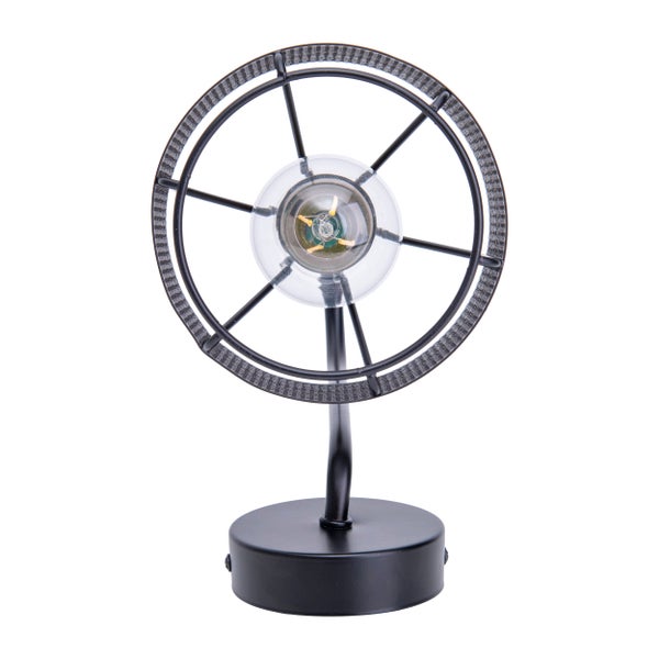 Tischleuchte mit rundem, schwarzem Metallrahmen und Glühbirne