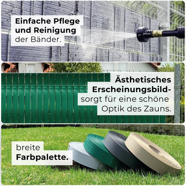 Verschiedene Ansichten von Sichtschutzstreifen für Zäune, die die einfache Reinigung, das ästhetische Erscheinungsbild und die Farbvielfalt hervorheben