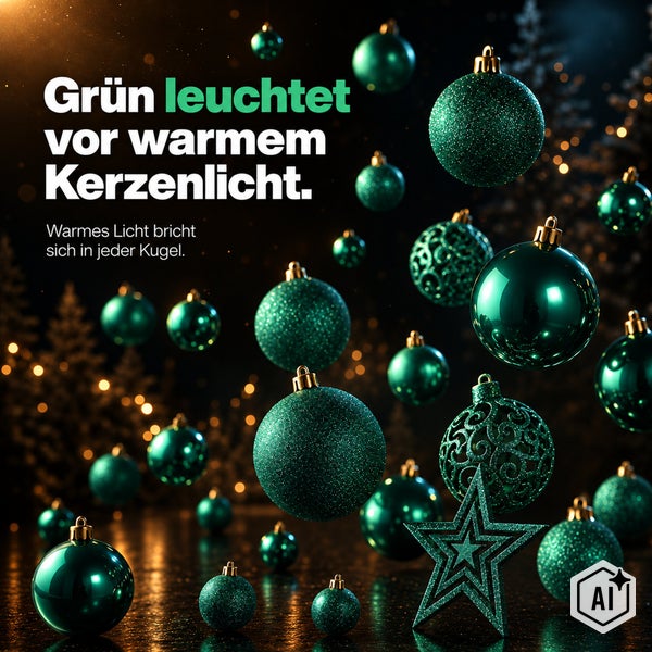 Set aus Christbaumkugeln und einem Weihnachtsstern in verschiedenen Oberflächenstrukturen vor einem dunklen Hintergrund mit warmem Kerzenlicht.