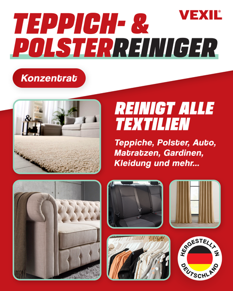 Vexil Teppich- und Polsterreiniger Konzentrat zur Reinigung von Textilien wie Polstermöbeln, Autositzen, Matratzen, Gardinen und Kleidung.