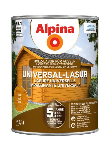 Alpina Universal Lasur für Holz im Außenbereich Farbton Teak 2,5 Liter