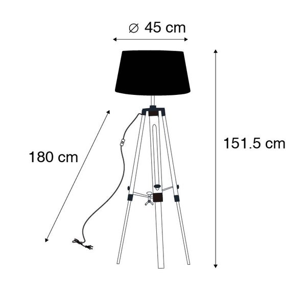 Technische Zeichnung einer Stehlampe mit den Maßen Höhe 151,5 cm, Durchmesser Lampenschirm 45 cm und Kabellänge 180 cm.