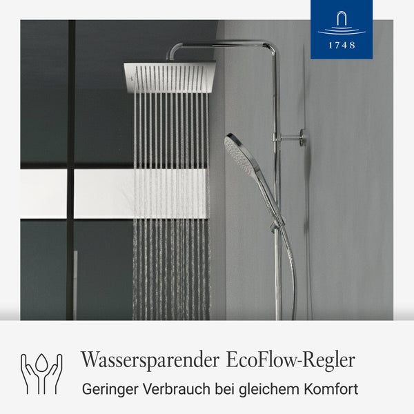 Duschsystem mit eckiger Kopfbrause und Handbrause in Betrieb, inklusive wassersparendem EcoFlow-Regler für geringeren Verbrauch.