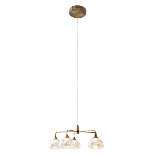 LED Pendelleuchte 5-flammig Varna, Pendellampe aus messingfarbenem Metall und irisierendem Glas, fest verbaute LEDs, 50 cm Durchmesser, stilvolle Beleuchtung für Wohnzimmer, Esszimmer oder Diele