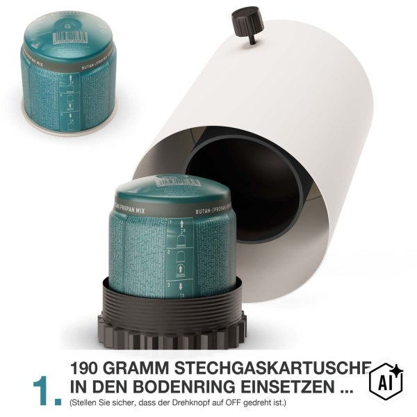 Anleitung zum Einsetzen einer 190 Gramm Stechgaskartusche in ein Gaskochergehäuse mit Drehknopf.