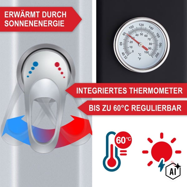 Solar-Gartendusche mit Einhebelmischer, integriertem Thermometer und Wassertemperaturregelung bis 60 Grad Celsius.